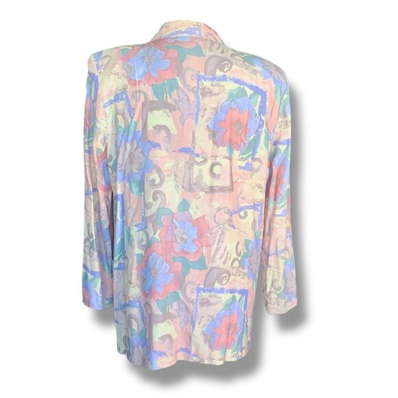 Vintage 90s Oversized Blazer Jacket Pastel Yellow Pink Abstract Floral Statement - Picture 2 of 11